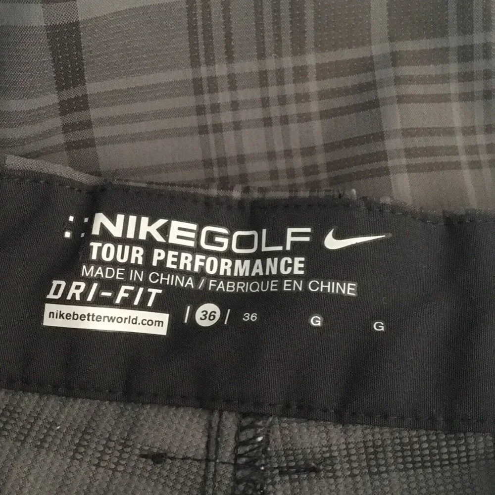 Nike Golf Dri Fit Tour Performance Men Gray Plaid Flat Front Golf Shorts Size 36